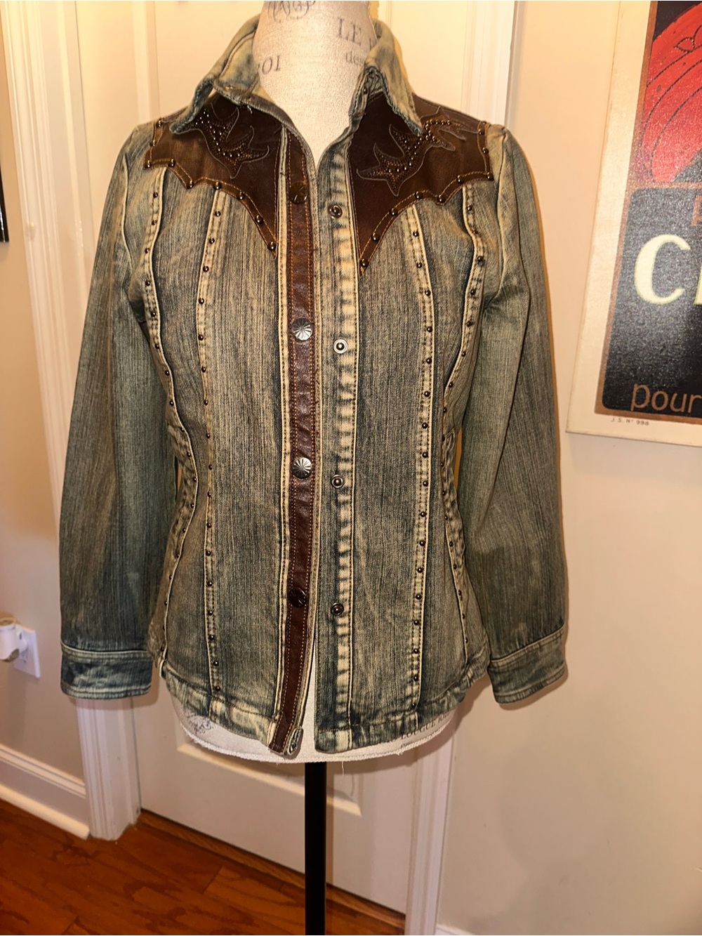 Reba Blue Denim Jacket with Brown Leather or faux leather